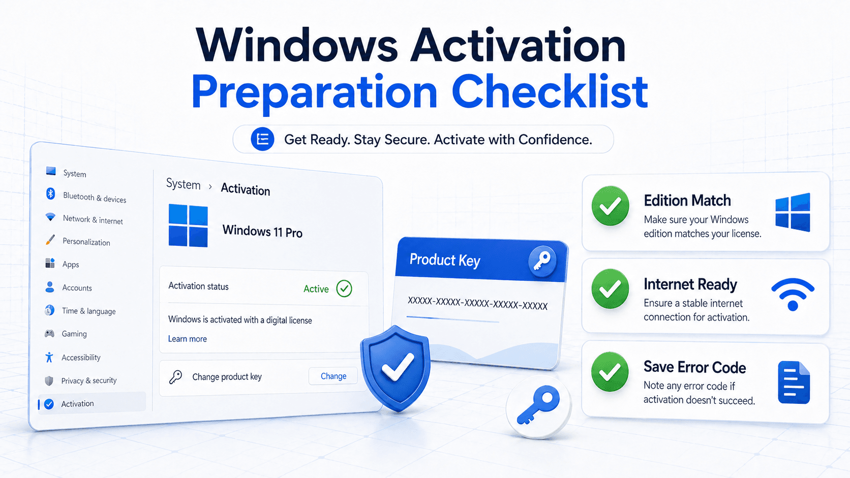 Windows activation preparation checklist with edition match, internet ready, and save error code steps