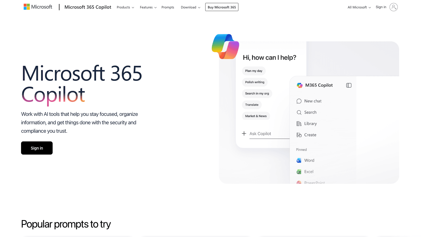 Official Microsoft 365 landing page with the Sign in action for an account credential