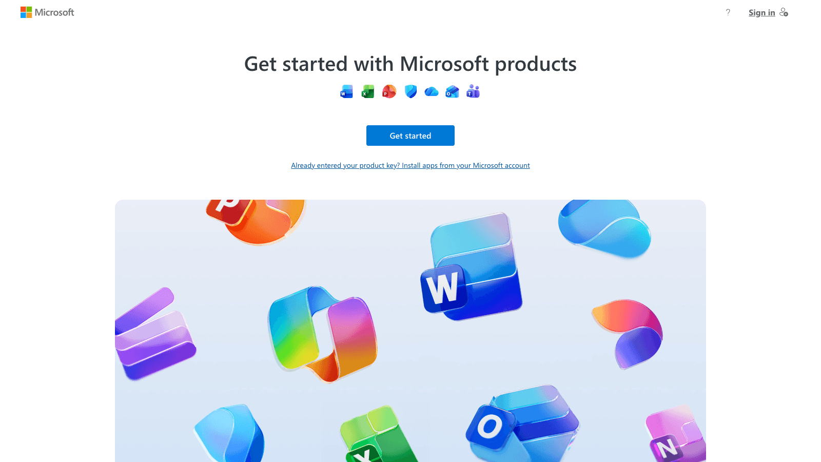 Official Microsoft Office setup page with Get started and the link for installing apps after entering a product key