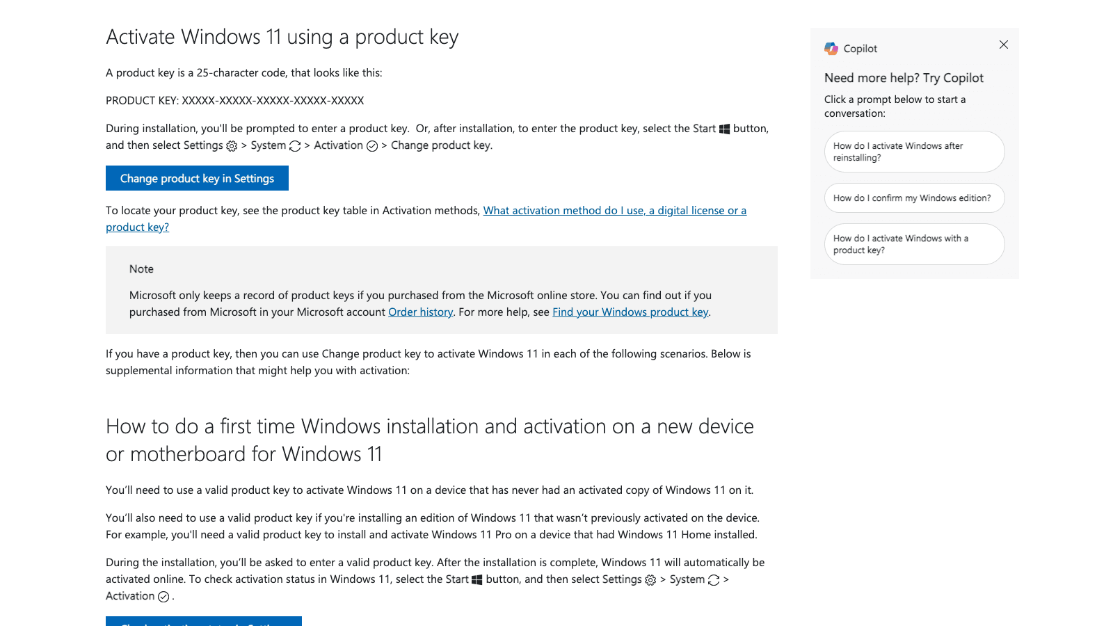 Official Microsoft Support page showing Activate Windows 11 using a product key and the Change product key in Settings action