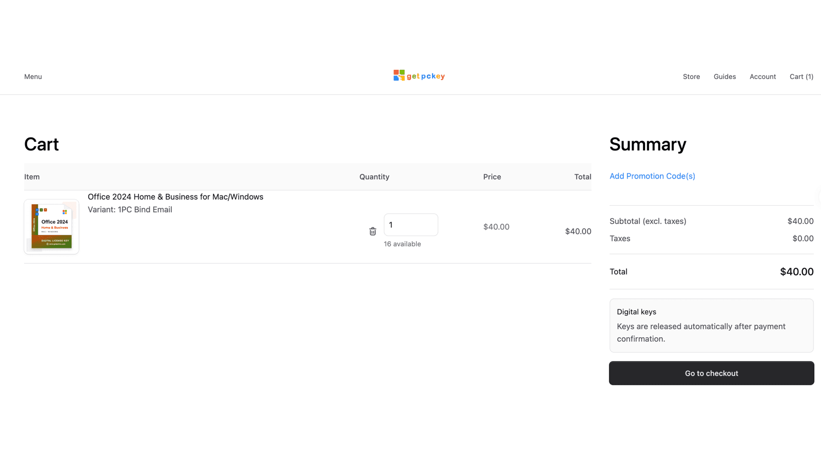 Cart showing the selected Office variant, quantity, price, total, and Go to checkout button