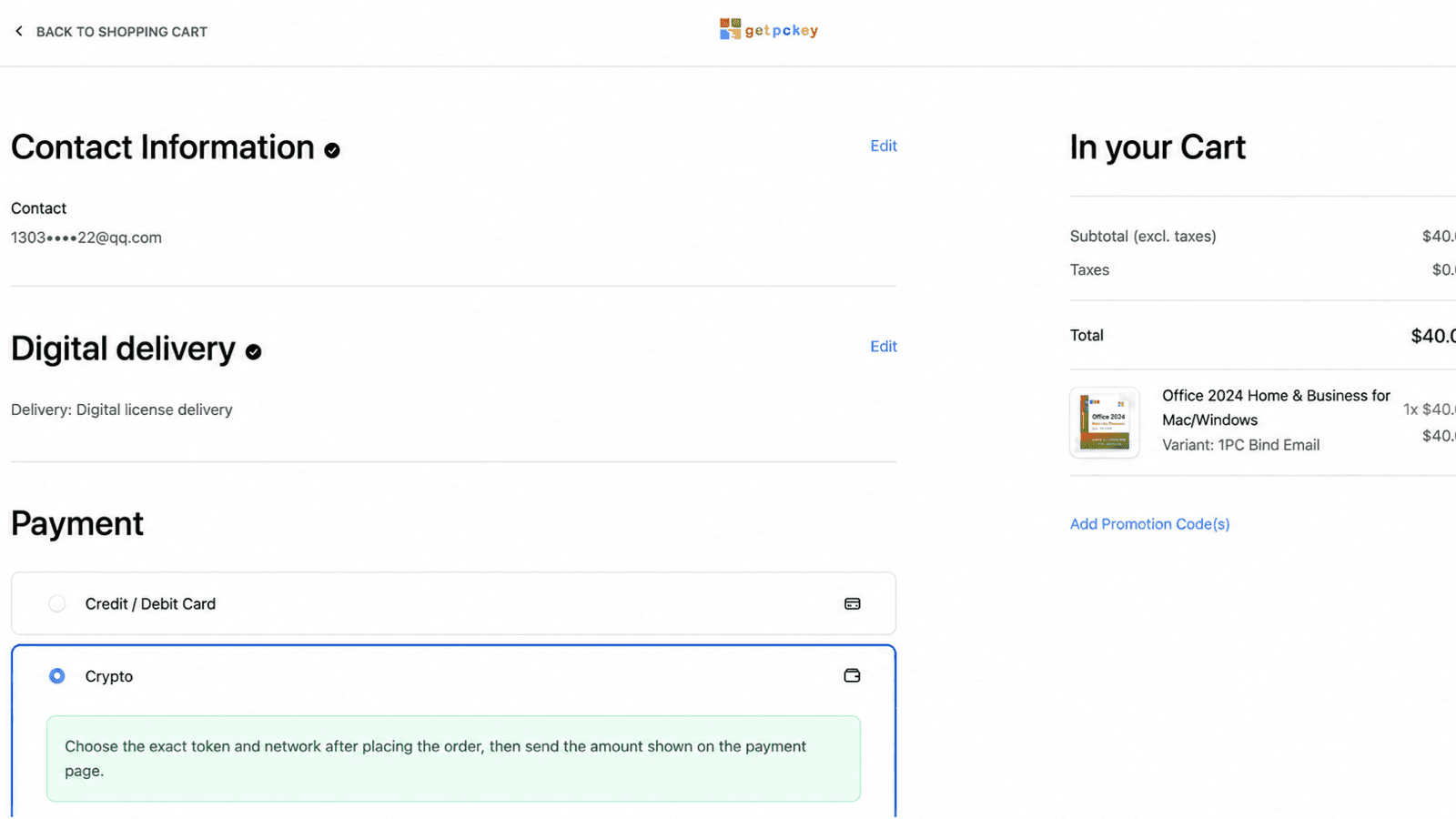 Checkout showing a partially hidden contact email, digital delivery, card option, crypto option, and cart summary