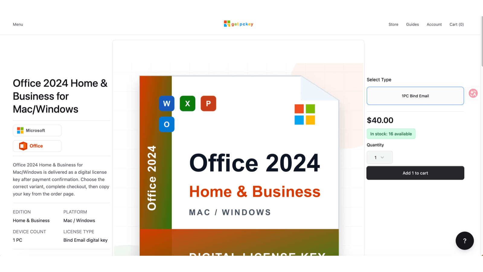 getpckey Office product page with variant, price, stock, quantity, and Add to cart button