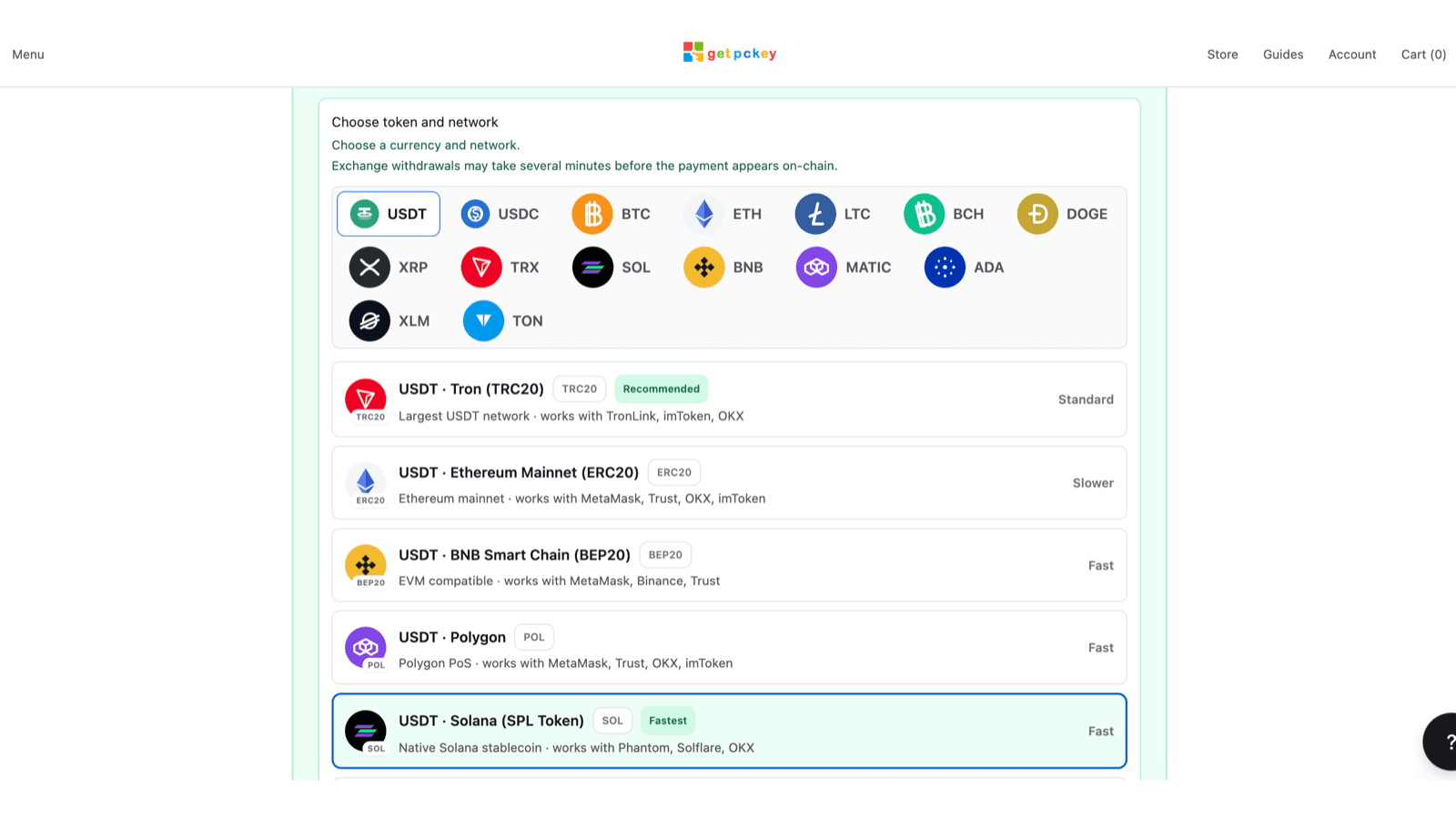 Crypto selector showing tokens and several distinct USDT network choices
