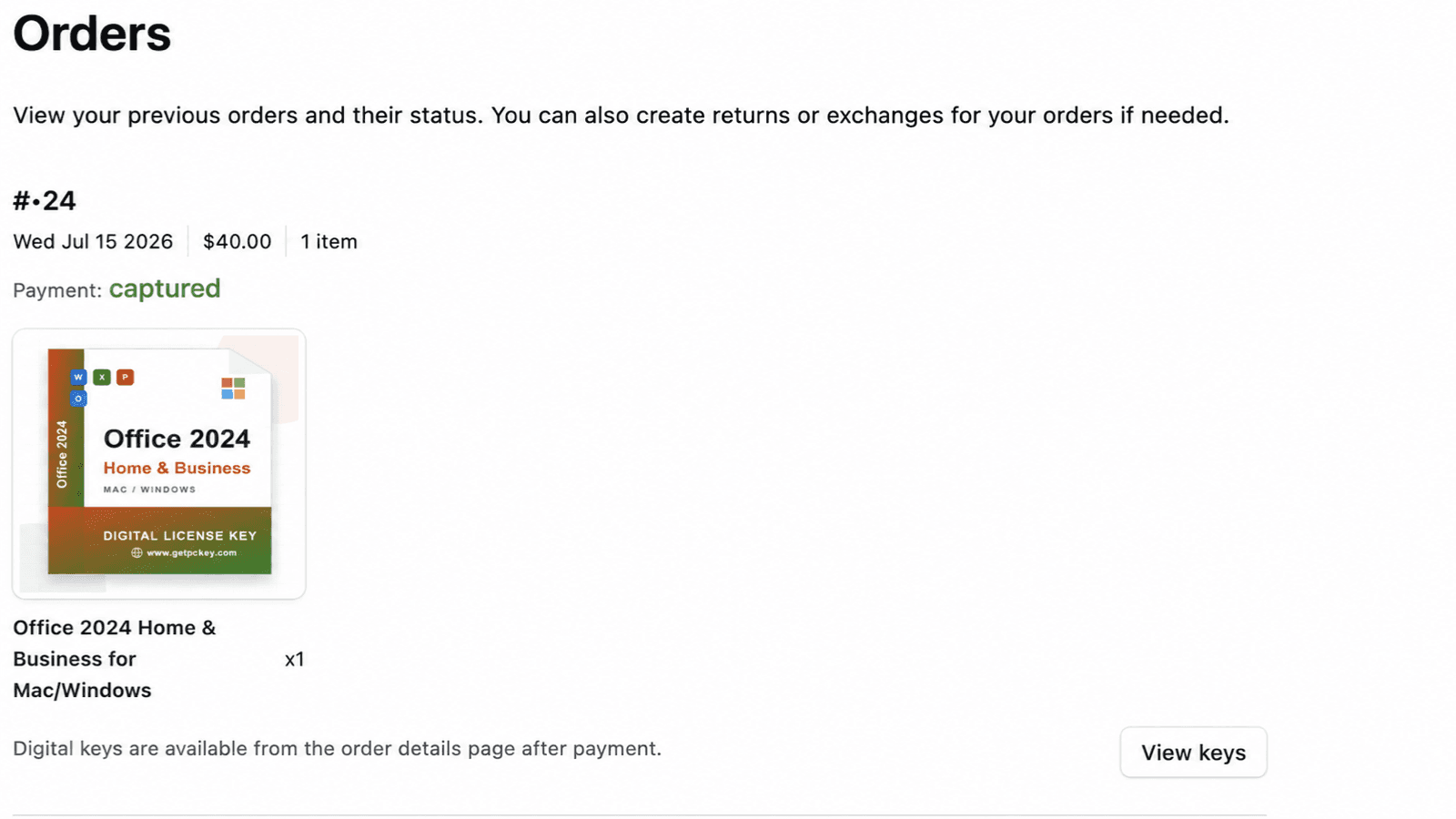 Orders page showing a captured order with a partially hidden order number and View keys button