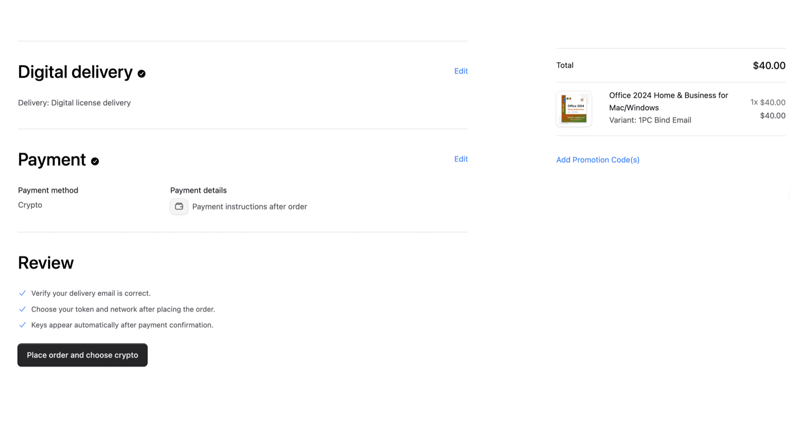 Checkout review showing digital delivery, Crypto payment, verification reminders, and Place order and choose crypto