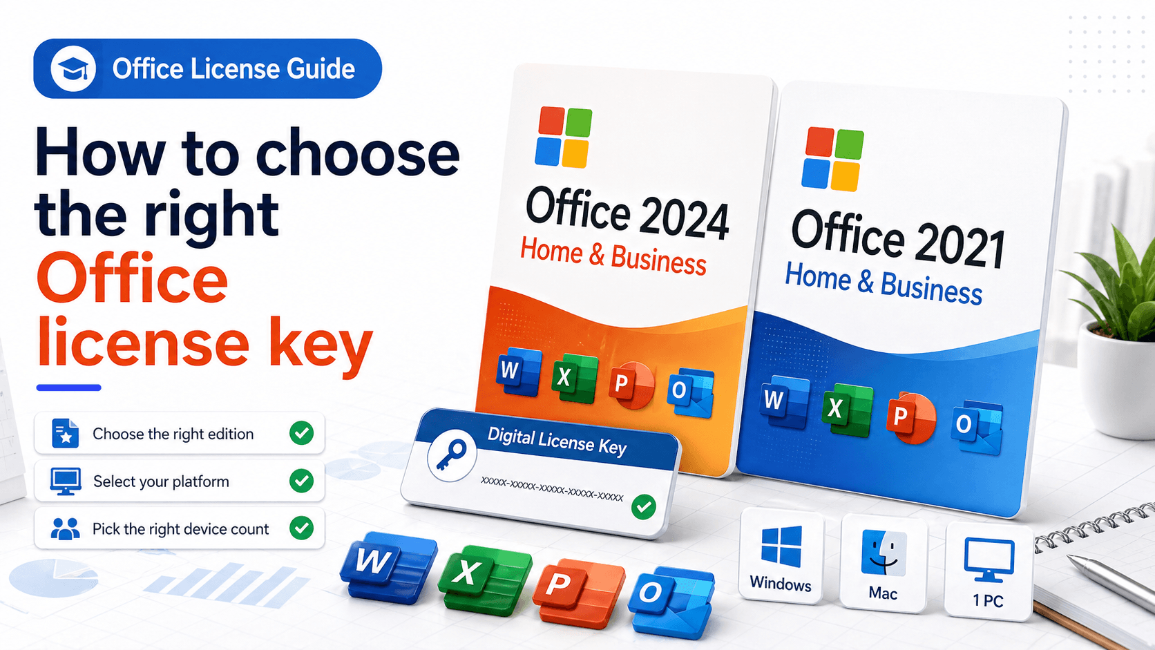 Office license key buying guide with Office 2024 and Office 2021 product cards