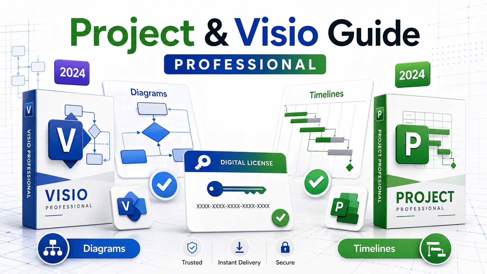 Project and Visio license guide with diagrams, timelines, and digital license key
