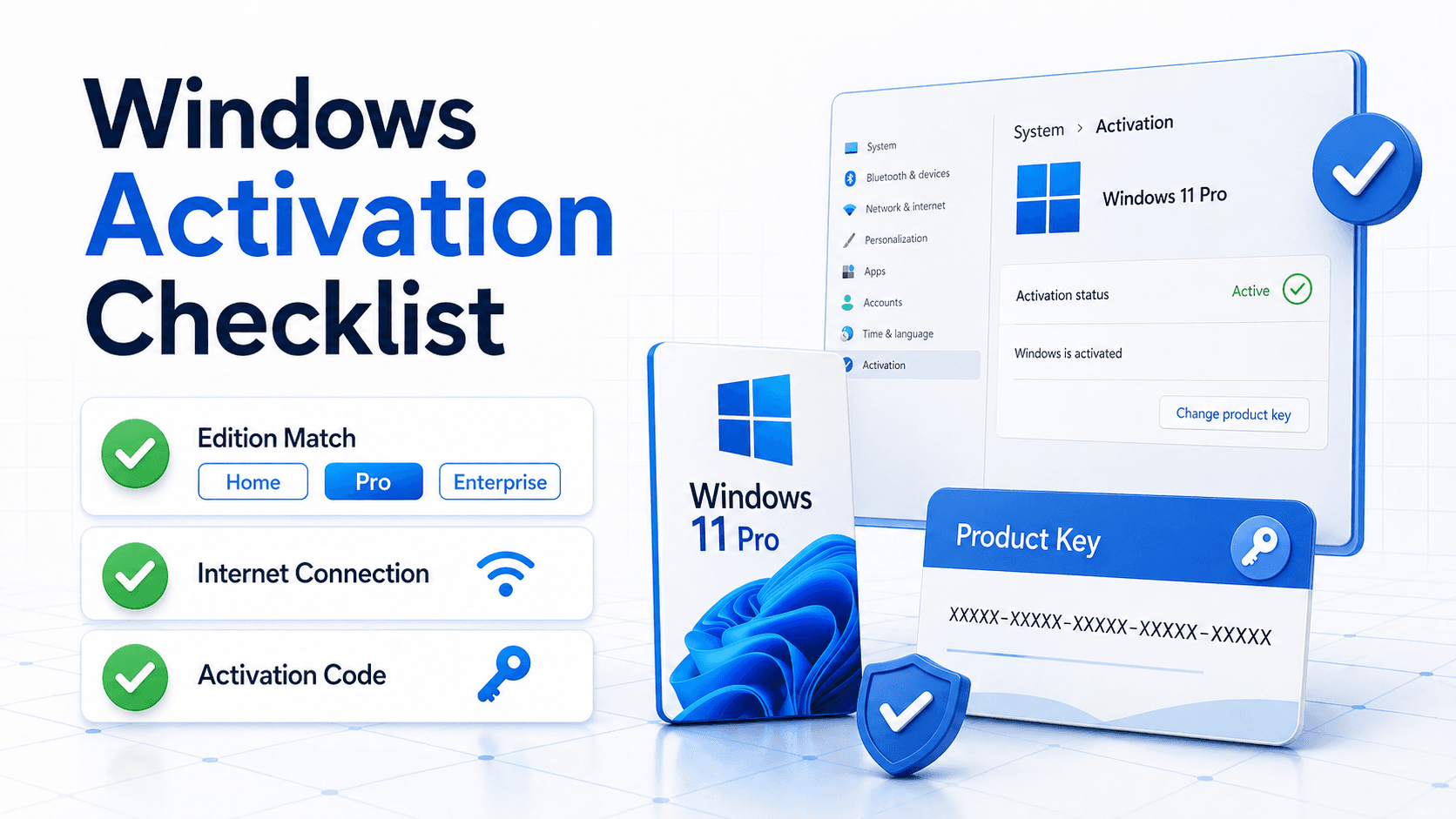 Windows license key activation checklist with product key and activation status
